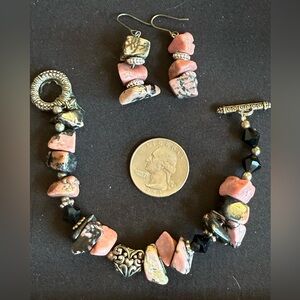 Vintage stone, likely black Pink Rhodonite Jasper, made into earrings/bracelet